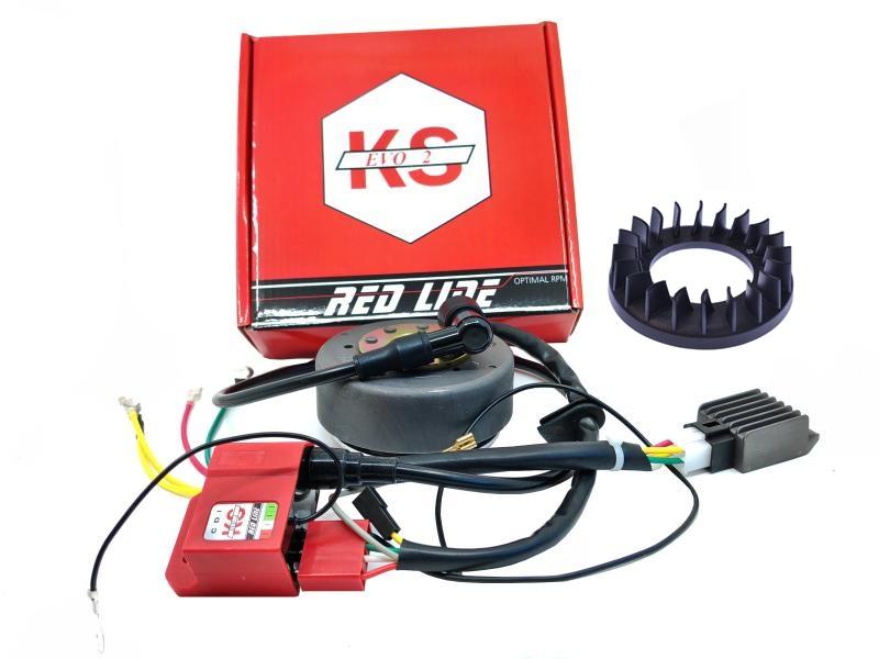 Kokusan 12 volt EVO-2 RED LINE electronische ontsteking voor geforceerde koeling. Automatische geavanceerde timing, 12 graden vertraging bij 10.000 tpm. Dynamisch uitgebalanceerd vliegwiel.