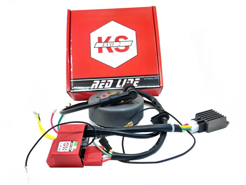 Kokusan ontsteking 12 volt model EVO-2 RED LINE Automatische geavanceerde timing, 12 graden vertraging bij 10.000 tpm. Dynamisch uitgebalanceerd vliegwiel