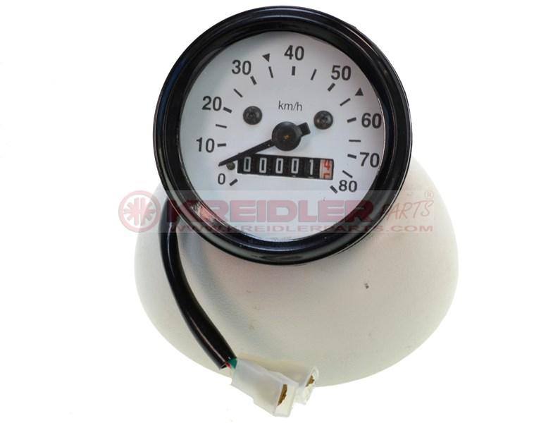 Kilometerteller zwart met witte wijzerplaat 0-80km, inbouwdiameter 60mm