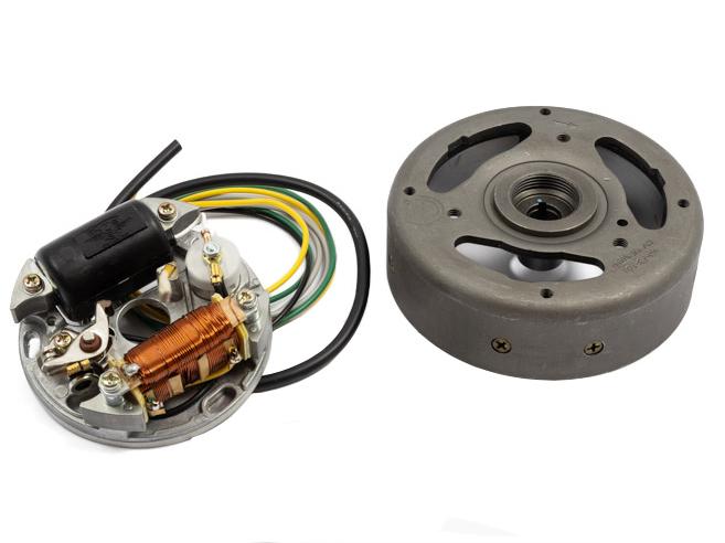 Ontsteking (economy) 6 volt -15/5/3 watt, compleet met vliegwiel en aansluitschema