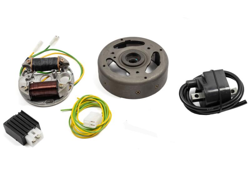 Ontsteking (economy) 12 volt -43 watt, compleet met buitenbobine, vliegwiel en aansluitschema