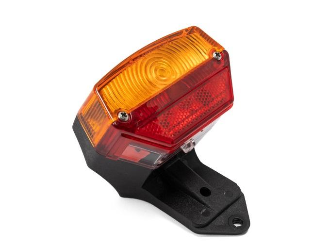 Achterlicht compleet op zwarte voet economy met oranje/rood glas, zonder kabelboom en lampjes (1x Ba9 en 1x Ba15 lampje)