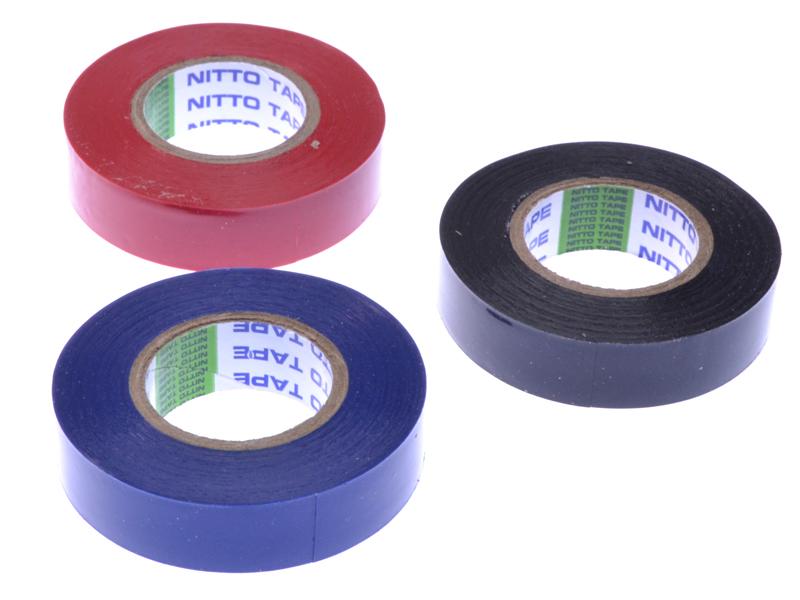 Set van 3 rollen tape (breedte 15mm) in de kleuren zwart, blauw en rood. Lengte per rol 10 meter